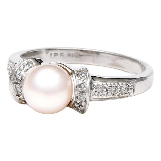 14KW Cultured Akoya Pearl & Diamond(0.12) Ring, size 7.75 For Sale