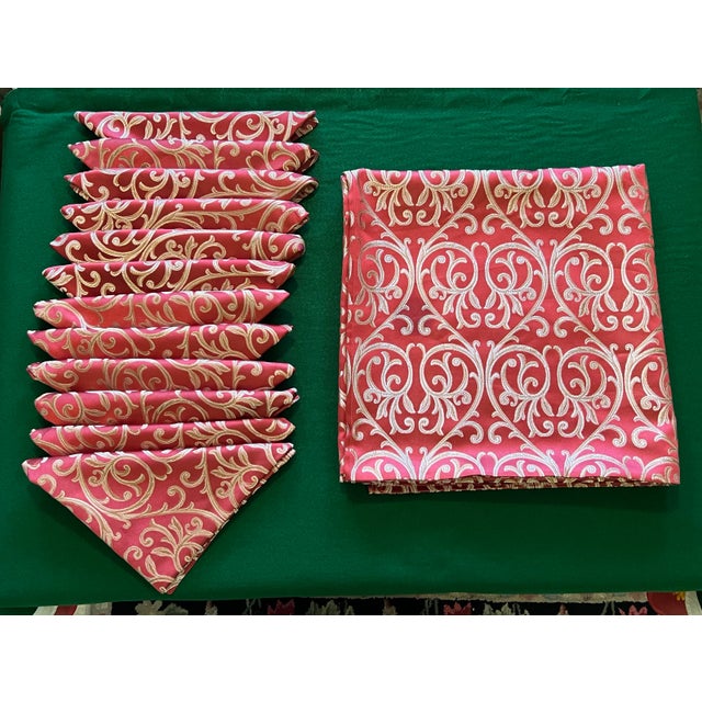 Waterford Satin-Like Patterned Burgundy Banquet Tablecloth 144" X 70" With 12 Napkins 20" 3/4 X 20" 3/4 For Sale - Image 9 of 9