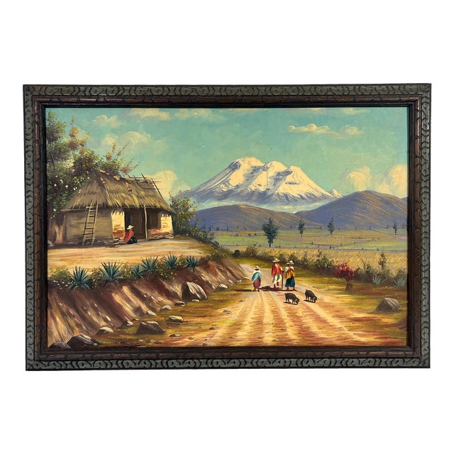 Walking Home Under the Snow Capped Andes, Oil on Canvas Painting in Hand Carved Wood Frame, For Sale