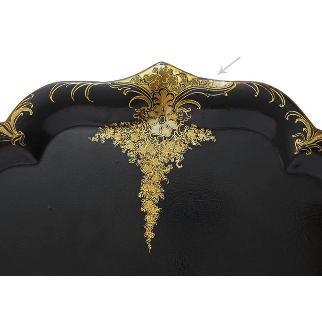 Black English Antique Papier Mache Tray Mother of Pearl Wisteria Parlor Maid Tray 24.5" For Sale - Image 8 of 9