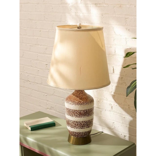 Vintage Textured Ceramic Table Lamp With Brown and White Stripes For Sale - Image 4 of 10