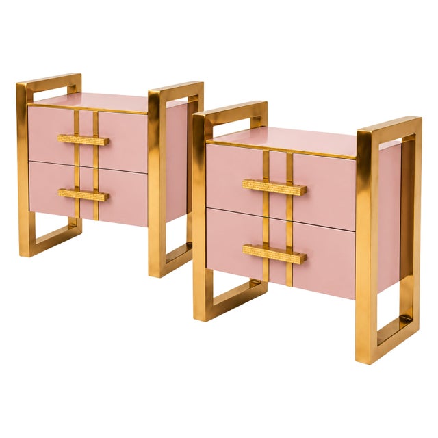 Blush Pink Two-Drawer Bedside Tables with Raised Brass Frames from Justfurnituress SRL, Set of 2 For Sale - Image 10 of 10