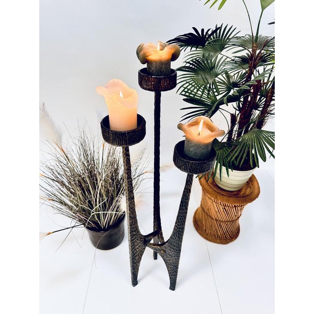 Large Brutalist Metal Art Candleholder in Hammered and Wrought Iron with Bronze-Plated Finish, Germany, 1960s For Sale - Image 13 of 16