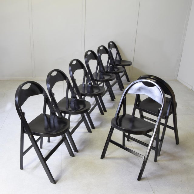 Tric Folding Chairs in Black Lacquered Beech by Achille & Pier Giacomo Castiglioni for Bernini, 1960s, Set of 8 For Sale - Image 10 of 10