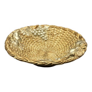 Italian Gold and White Florentine Woven Wicker Ceramic Fruit Bowl For Sale