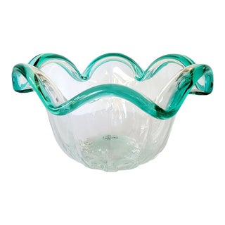 Italian Murano Glass Bowl With Turquoise Rim Serving Bowl For Sale