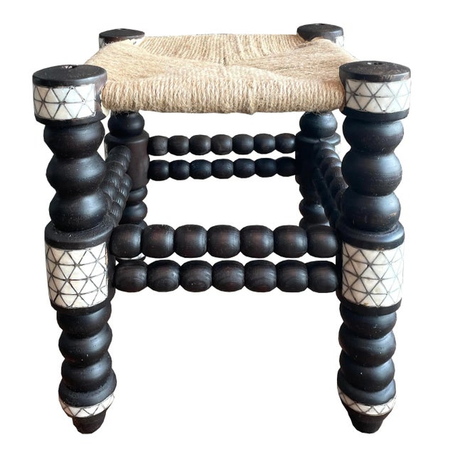 Very nice and adorable little mother of pearl inlaid stool with natural organic fiber seat. The ebanized wood inlaid with...