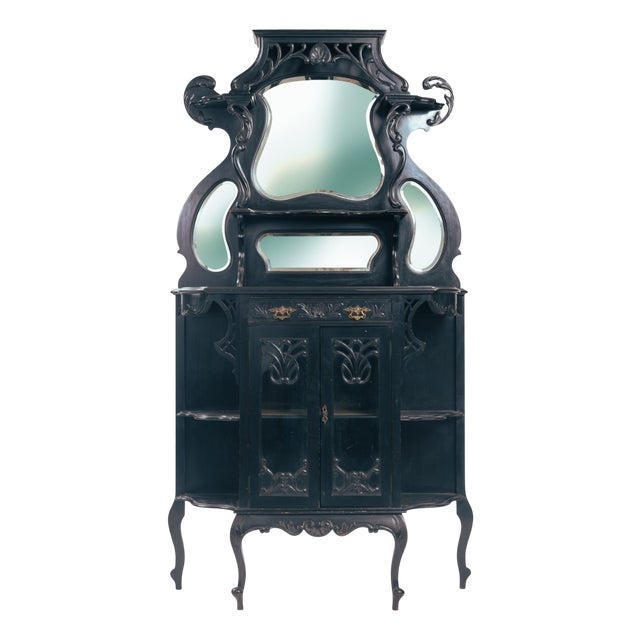 Arts & Crafts Parlour Cabinet in Black Ebonised Wood and Mirror Glass from Maddox & Co., England, 1910s For Sale