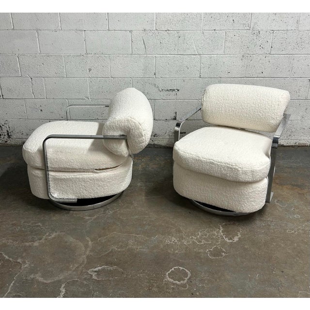 Mid-Century Modern 1960s Pair of Exceptional Mid Century Modern Chrome Milo Baughman for Thayer Coggin Swivel Lounge Chairs Newly Upholstered in Shearling Boucle For Sale - Image 3 of 12