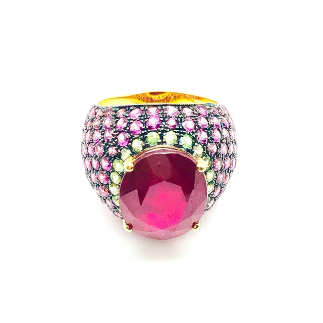 Bochic "Orient" Vintage Ruby, Emerald & Sapphire Ring Set 18K Gold & Silver For Sale - Image 9 of 18