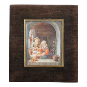 Vintage Watercolor Painting the Peasant Meal After Frans Van Mieris Elder 7"