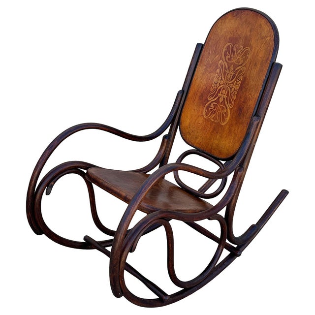 Art Nouveau Late Victorian Oak Scrolling Rocking Chair W/ Art Nouveau Branded Seat, Fischel For Sale - Image 3 of 8