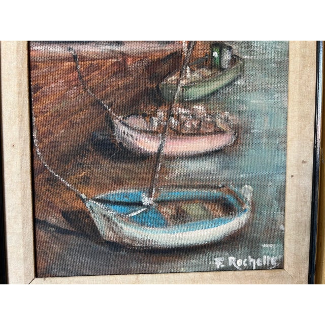 Wood 70's F. Rochelle Italian Village Corridor Harbor With Docked Boats Impressionist Oil Painting For Sale - Image 7 of 13