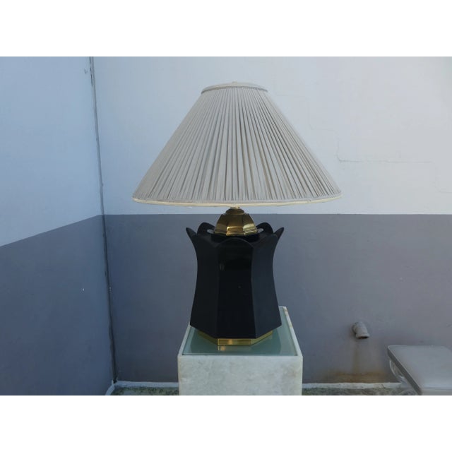 70's Brass and Black Ceramic Decorator Accent Lamp For Sale - Image 11 of 13