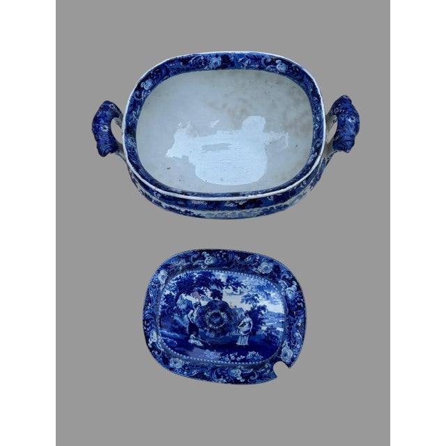 Early 20th Century Antique Staffordshire Blue White Transferware Covered Soup Tureen Pastoral Scene For Sale - Image 5 of 9
