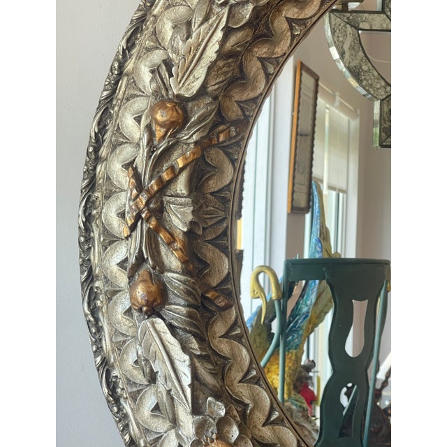 Ornamental & Decorative Materials Vintage Silver& Gilt Carved Large Round Wall Mirror For Sale - Image 7 of 12