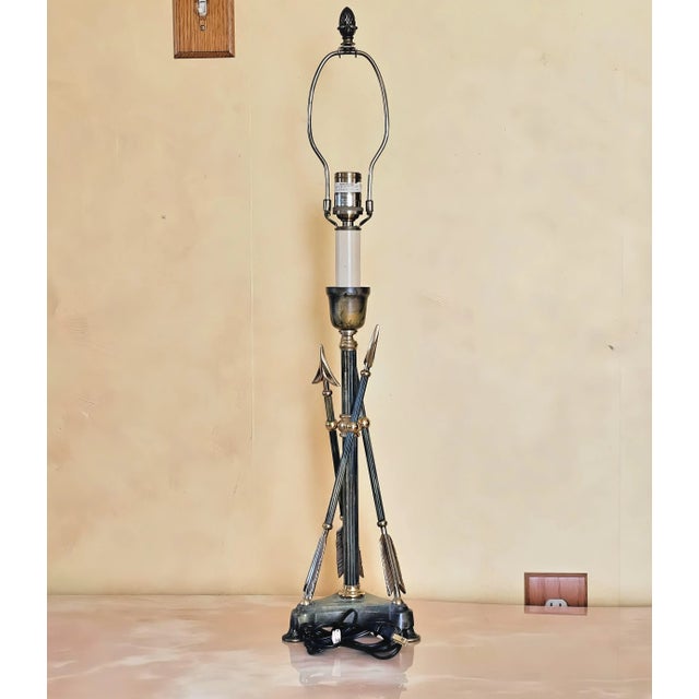 2000 - 2009 Brass Arrow Lamp by Wildwood With Tassel Lamp Shade For Sale - Image 5 of 12