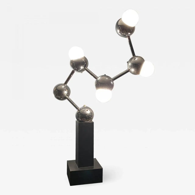 Cool Atomic Form Chrome Sphere Lamp With Five Lamp Fixtures On Black Laminate Pedestal Base Designed In The 1970's By...