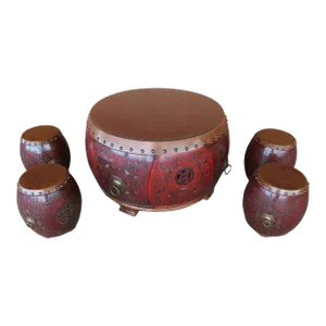 Chinese Qing Dynasty Coromandel Sake Barrel Drum Table and Stools