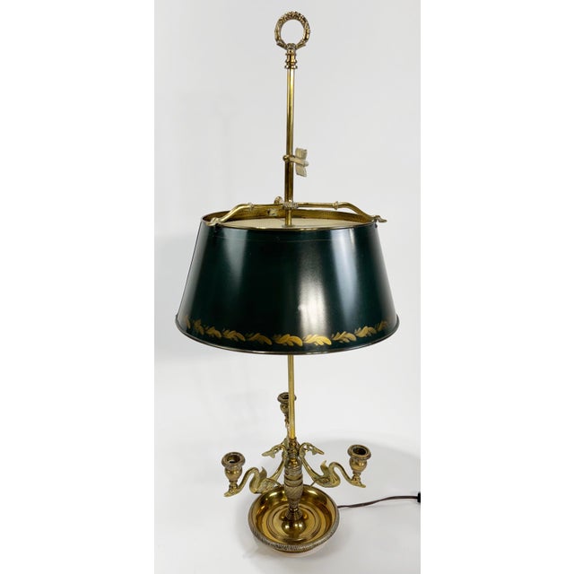 Traditional Vintage Chapman French Empire Style Brass Swan Bouillette Lamp With Tole Shade For Sale - Image 3 of 10