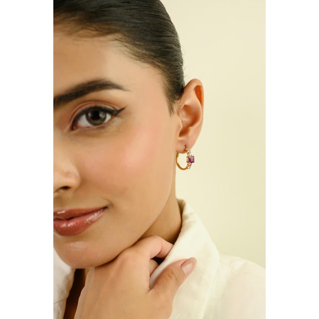 Pinkish Red 1.99Ct Square Cut Ruby & Diamond Hoop Earrings in 14k Yellow Gold- A Pair For Sale In New York - Image 6 of 13