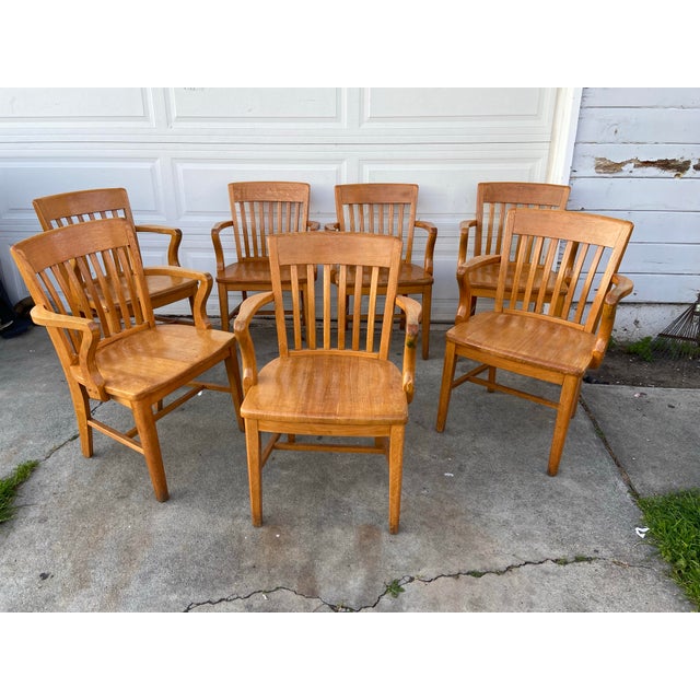 Vintage Mid Century Modern Jasper Seating Co Furniture Bankers Golden Oak Chair Set of 7 For Sale - Image 12 of 12