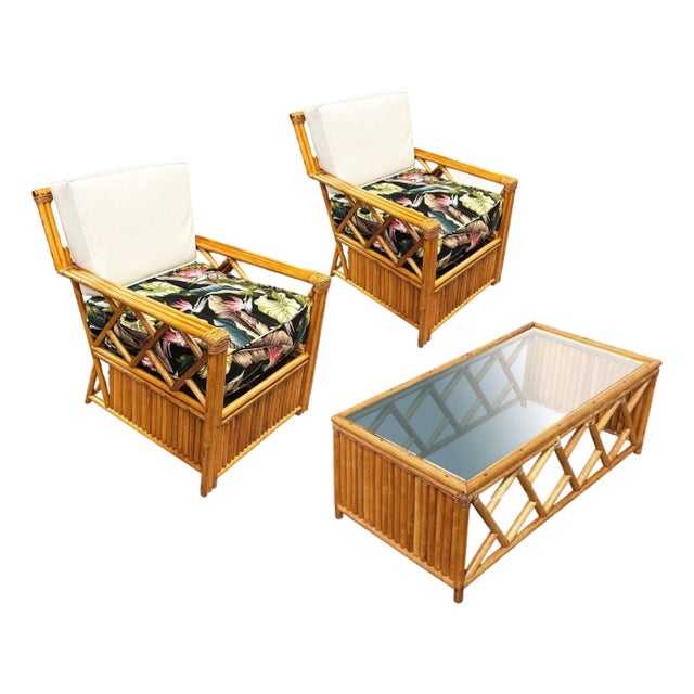 Heywood Wakefield "Oak Rattan" Lounge Chair Pair W/ Coffee Table For Sale