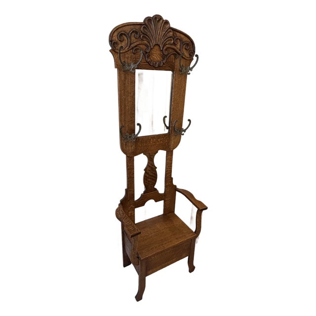 1920s Victorian Oak Hall Tree W/ Storage Bench Seat For Sale