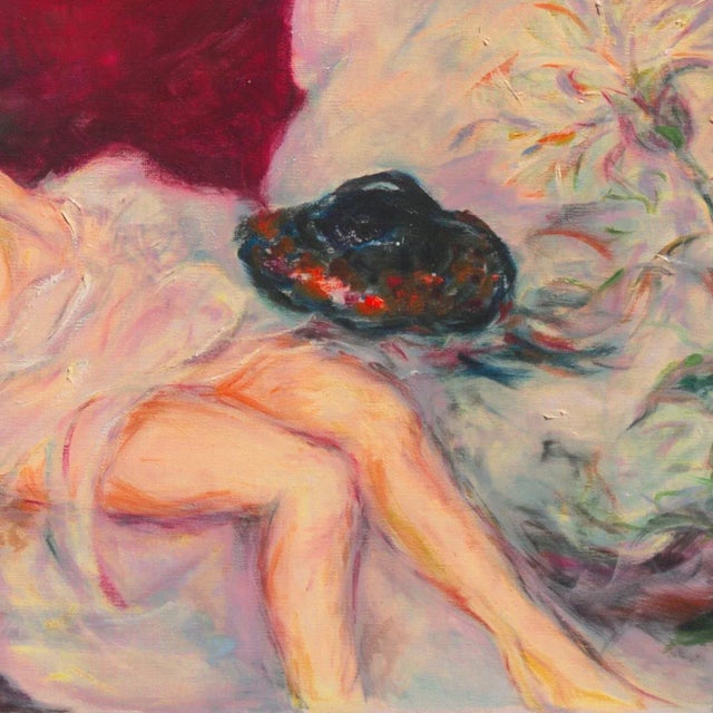 Textile 'Woman Reclining on a Chaise Longue' by Vivian Ruth Huebler, Mid-Century San Francisco Woman Artist, Large Oil For Sale - Image 7 of 10