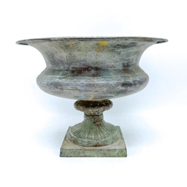 Vintage Verdigris Metal Urn Planter / Cachepot – Neoclassical Garden Style / Traditional / Classical For Sale In Houston - Image 6 of 12