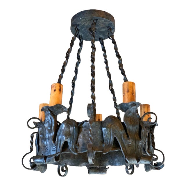 Wrought Iron 5 Light European Ceiling Mount Pendant, 1920 For Sale