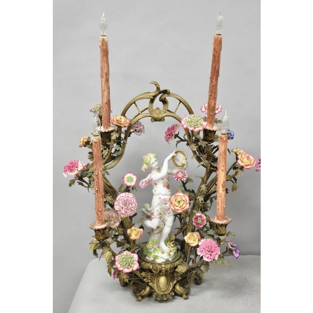 French Late 20th Century French Louis XV Repro Bronze & Porcelain Candelabra Lamps by United Wilson, Pair For Sale - Image 3 of 18