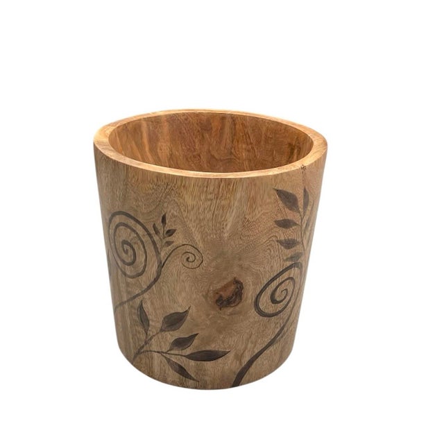 Mid-Century Modern Vintage Mid-Century Hand-Carved Teakwood Cache Pot – Etched Botanical Vine Motif For Sale - Image 3 of 12
