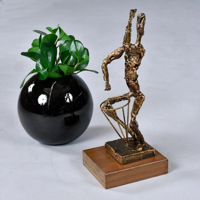 Wood Mid-Century Gold and Black Brutalist Drummer Figurine Sculpture on Wood Pedestal For Sale - Image 7 of 9