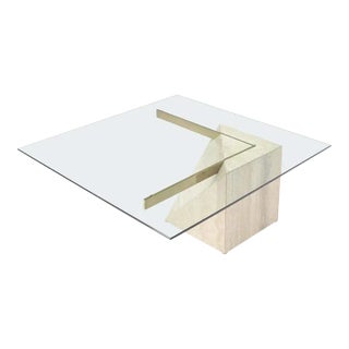 1980s Artedi Glass Brass and Travertine Coffee Table For Sale