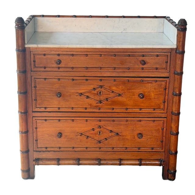 Late 19th Century French Faux Bamboo Marble Top Chest of Drawers For Sale - Image 15 of 17