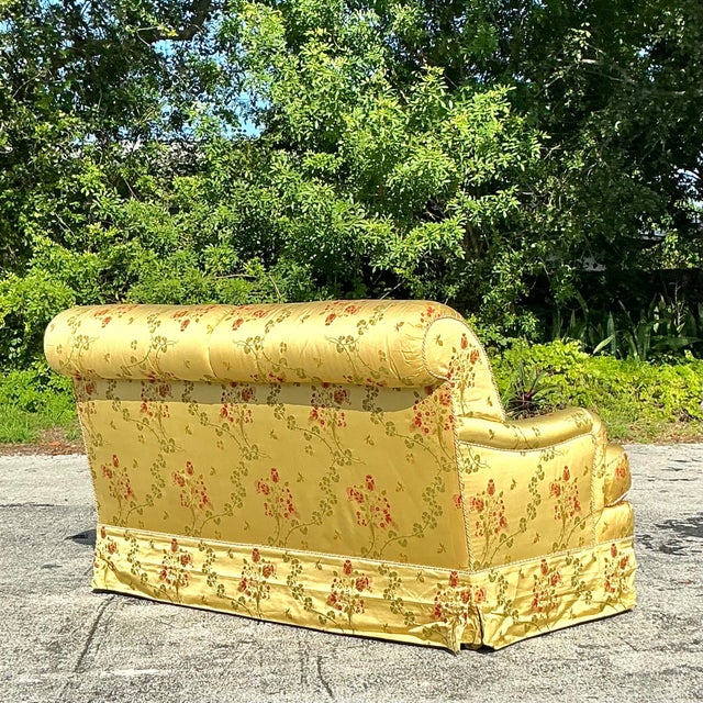 Vintage Regency Embroidered Satin Floral Down Loveseat For Sale - Image 4 of 9