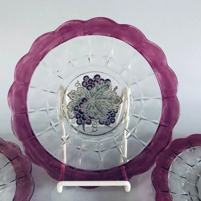 90's Set of 4 Cranberry with grapes design glass plates 8.5” D , no makers mark in very good, no cracks or chips , minor...