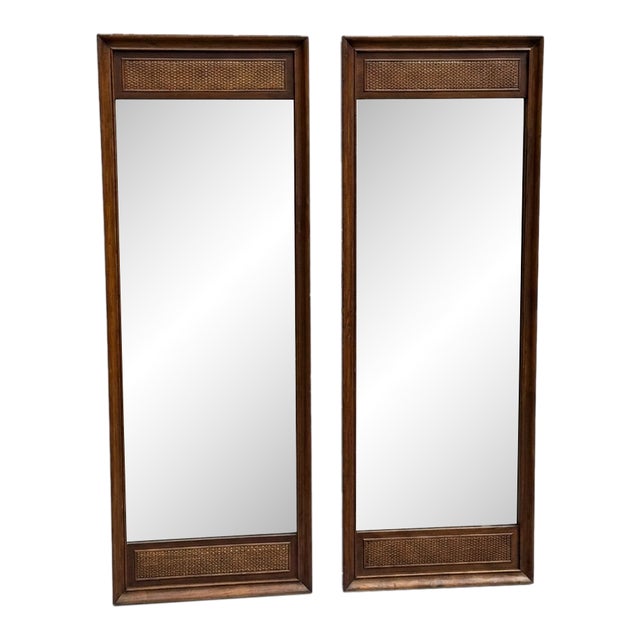 Pair of Large Mid-Century Modern Walnut and Cane Wall Mirrors by R-Way Furniture For Sale