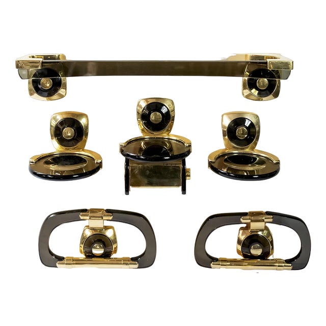 Mid-Century Italian Acrylic Glass and Gilt Brass Bathroom Fixtures, 1970s, Set of 6 For Sale