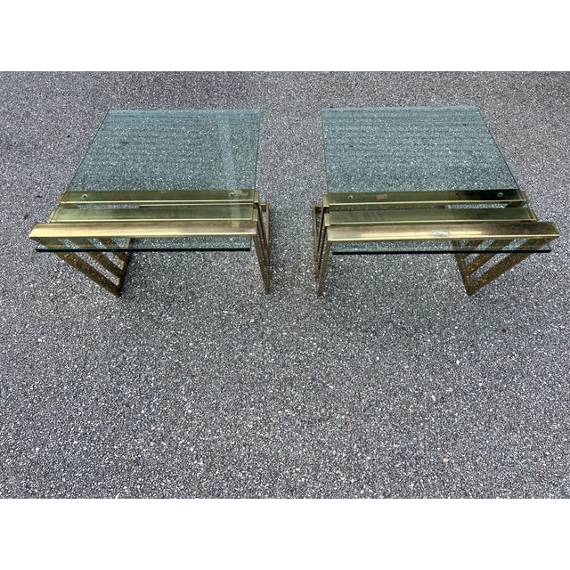 Mid-Century Modern 1980s Pair Brass Polished Flat Metal and Etched Striped Glass Top Coffee Table, For Sale - Image 3 of 7