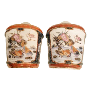 Vintage Rare Ceramic Satsuma Chinoiserie Gold Leaf Red Blue Pheasant Bird Open Wall Pockets- a Pair