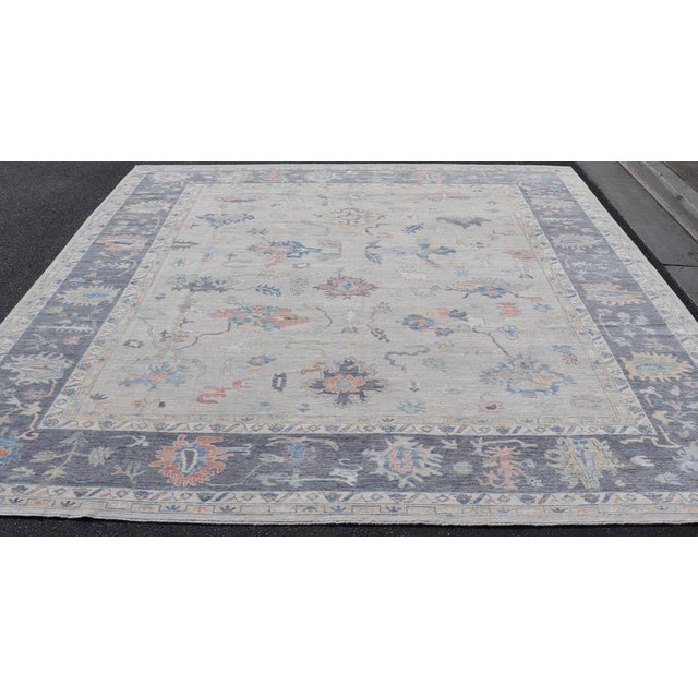 Tribal Modern Oushak Rug With Slate Blue Border and Colorful All-Over Tribal Motifs For Sale - Image 3 of 15
