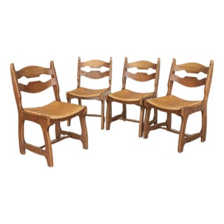 Oak and Woven Dining Chairs in the Style of Guillerme & Chambron, Set of 4 For Sale