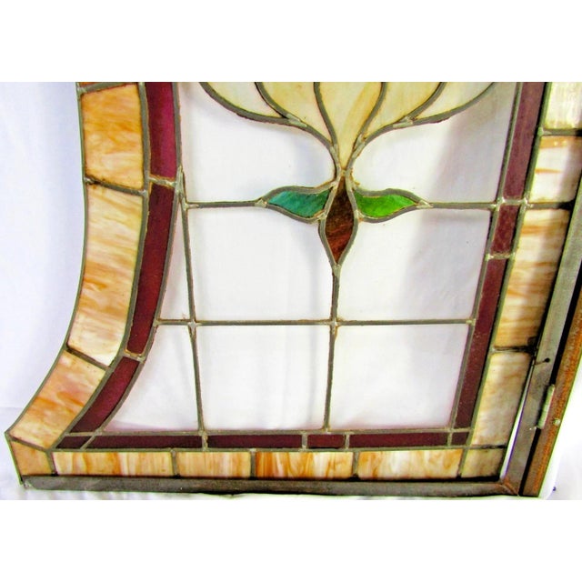 Pair Antique 19th-Century Art Nouveau Arced Framed Leaded Stained Glass Windows For Sale - Image 10 of 16