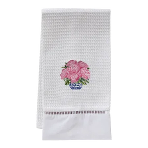 Pot of Peonies Guest Towel, White Waffle Weave, Ladder Lace, Embroidered