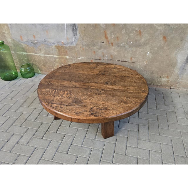 Wood Large Mid-Century Round Oak Coffee Table, 1970s For Sale - Image 7 of 16