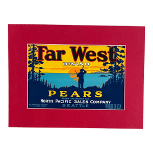 Original Vintage FAR WEST Pears Seattle WA Crate Label, Matted - EUC
