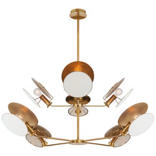 Thomas O'Brien for Visual Comfort Signature Osiris Large Reflector Chandelier in Hand-Rubbed Antique Brass with Linen Diffuser For Sale