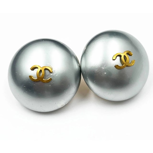 Chanel Vintage Gold Plated CC Light Blue Pearl Large Clip on Earrings *Marked 26 *Made in France -Approximately 0.9″ x...